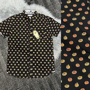 Eighth Avenue Mens‎ Slim Fit Short Sleeve Button Shirt Pumpkin Halloween Medium